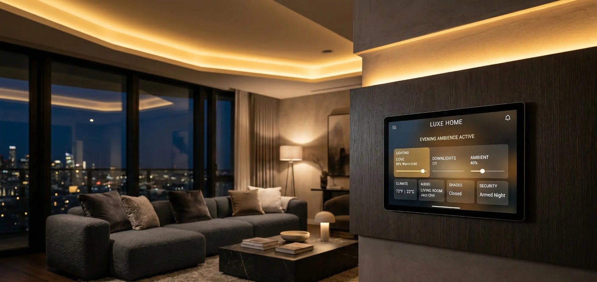 Sala com painel de automação e iluminação de cenário