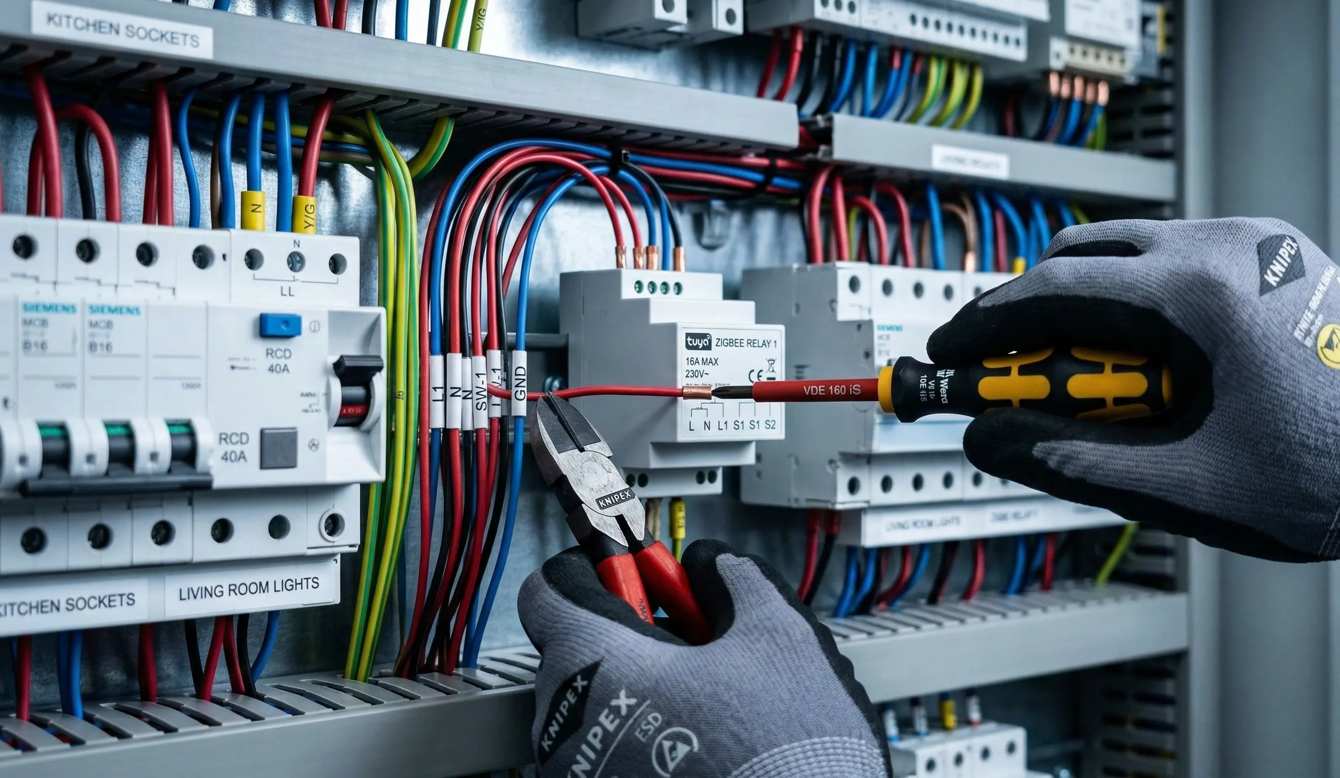 Profissional da MS Elétrica & Tech trabalhando em quadro elétrico