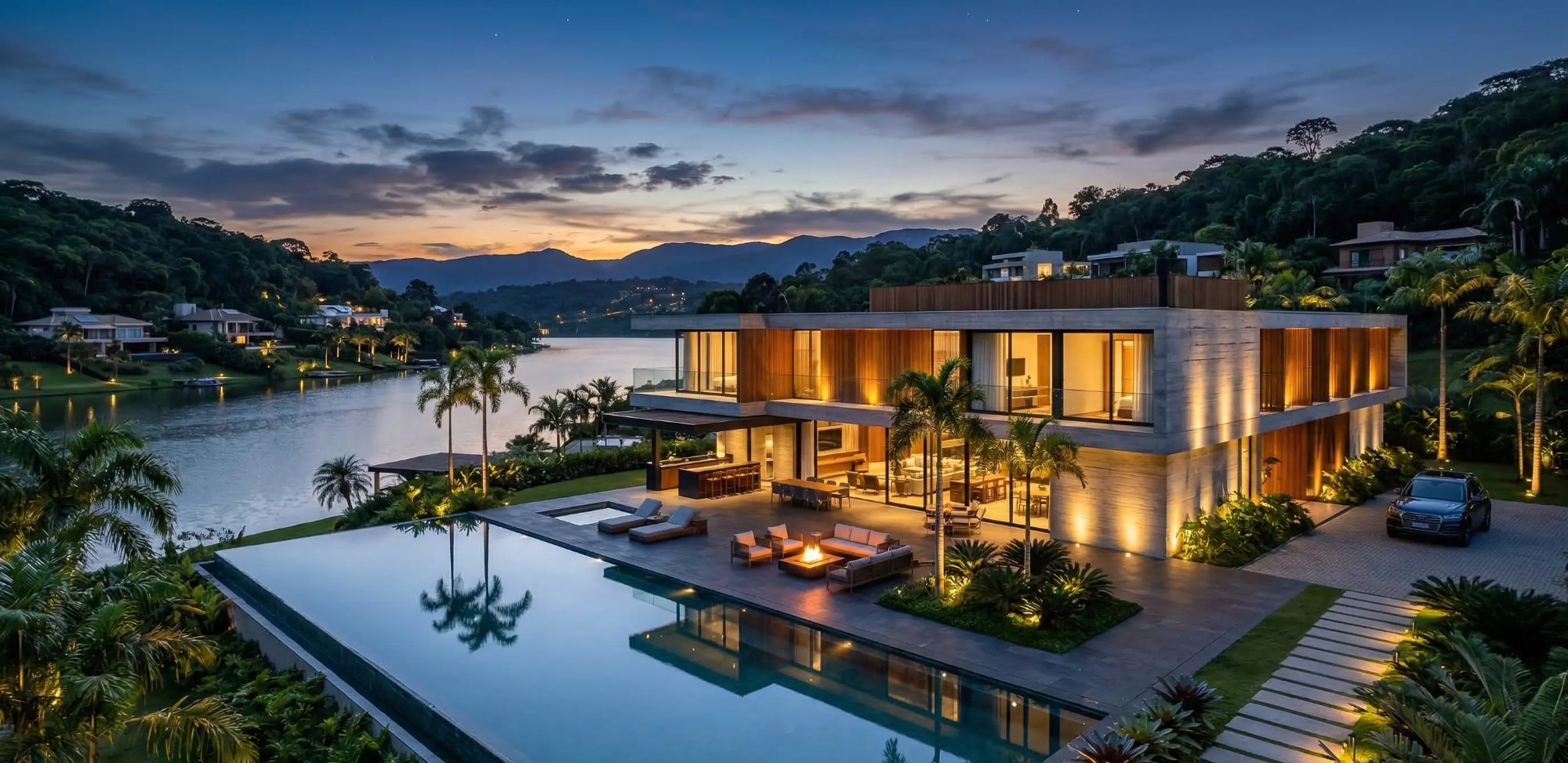 Mansão de alto padrão com iluminação automatizada e piscina