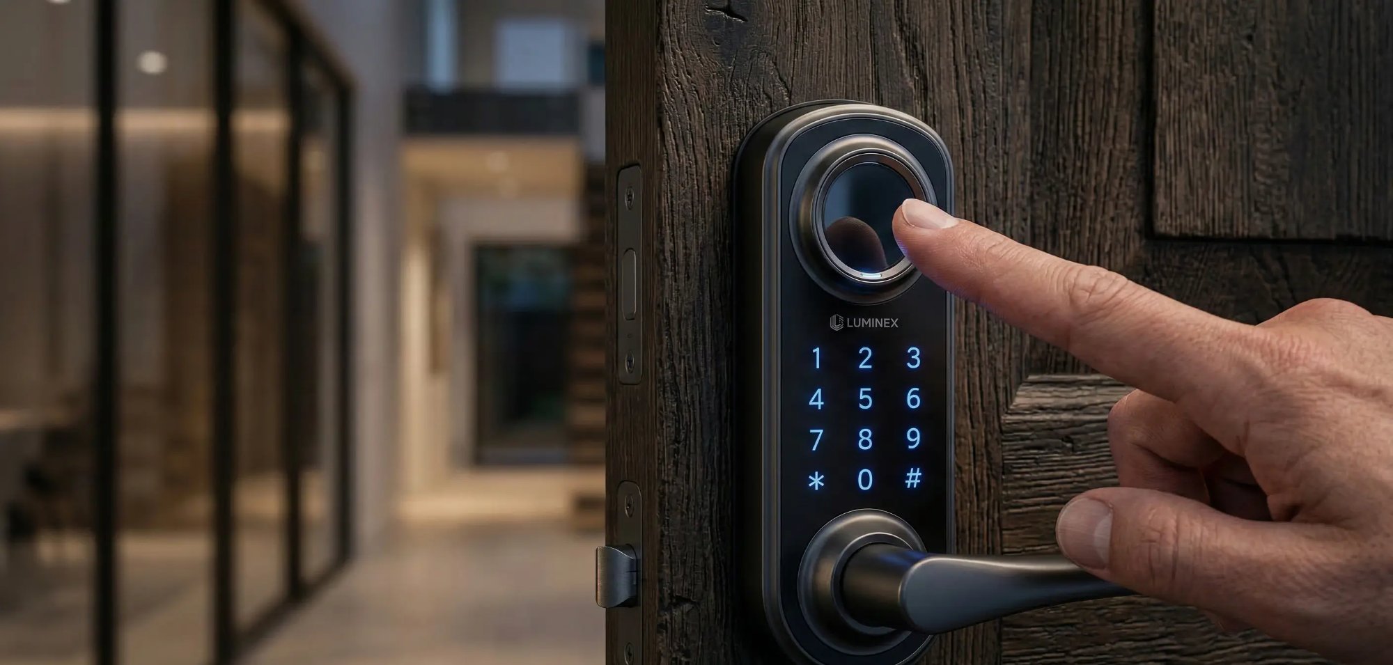 Fechadura digital biométrica em porta de madeira nobre